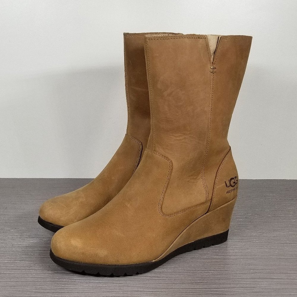 UGG Joely Shearling Lined Wedge Boot, Chestnut Leather, Womens Size 6 US / 37